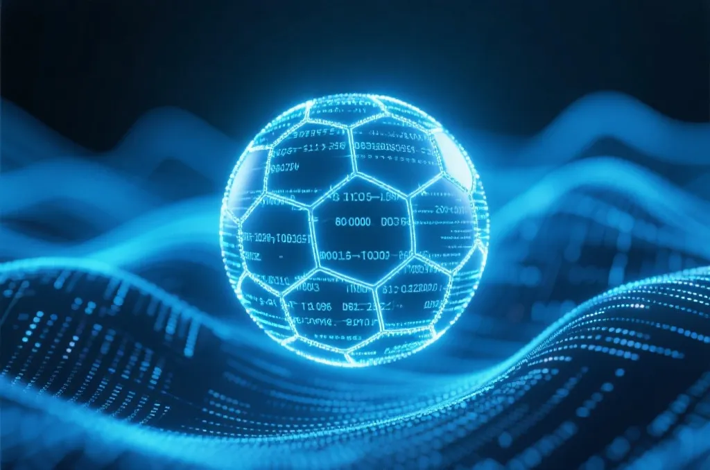 A glowing conceptual soccer ball made of light and digital code floating over abstract blue data waves